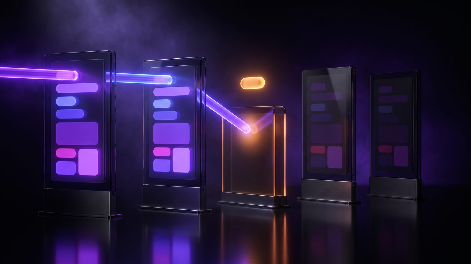 Four glass panels stand in a line, joined by a violet beam; an amber gate between the second and third panels holds the beam back, and the last two panels stay dim.