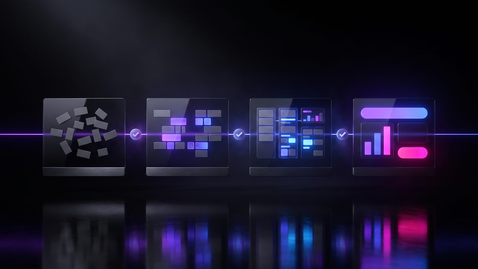 Four glass panels joined by a violet line with a check between each, moving from a loose scatter of shapes to a clean layout with a headline bar and a simple chart.
