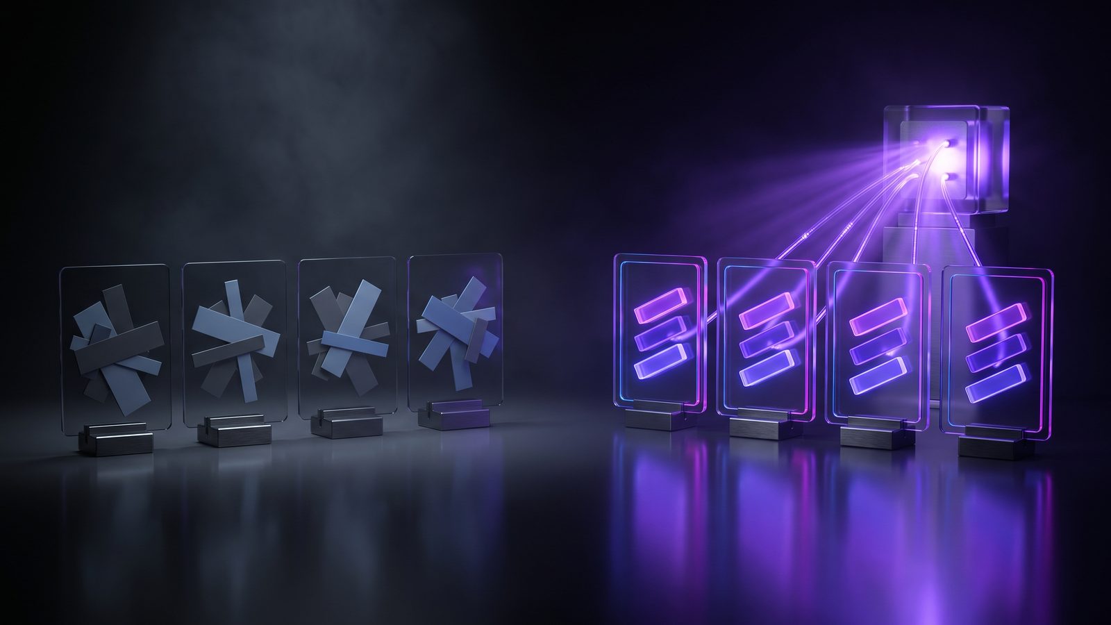 Two groups of four glass cards: on the left each card holds a different jumble of shapes, on the right all four hold the same ordered set of bars fed from one shared source.