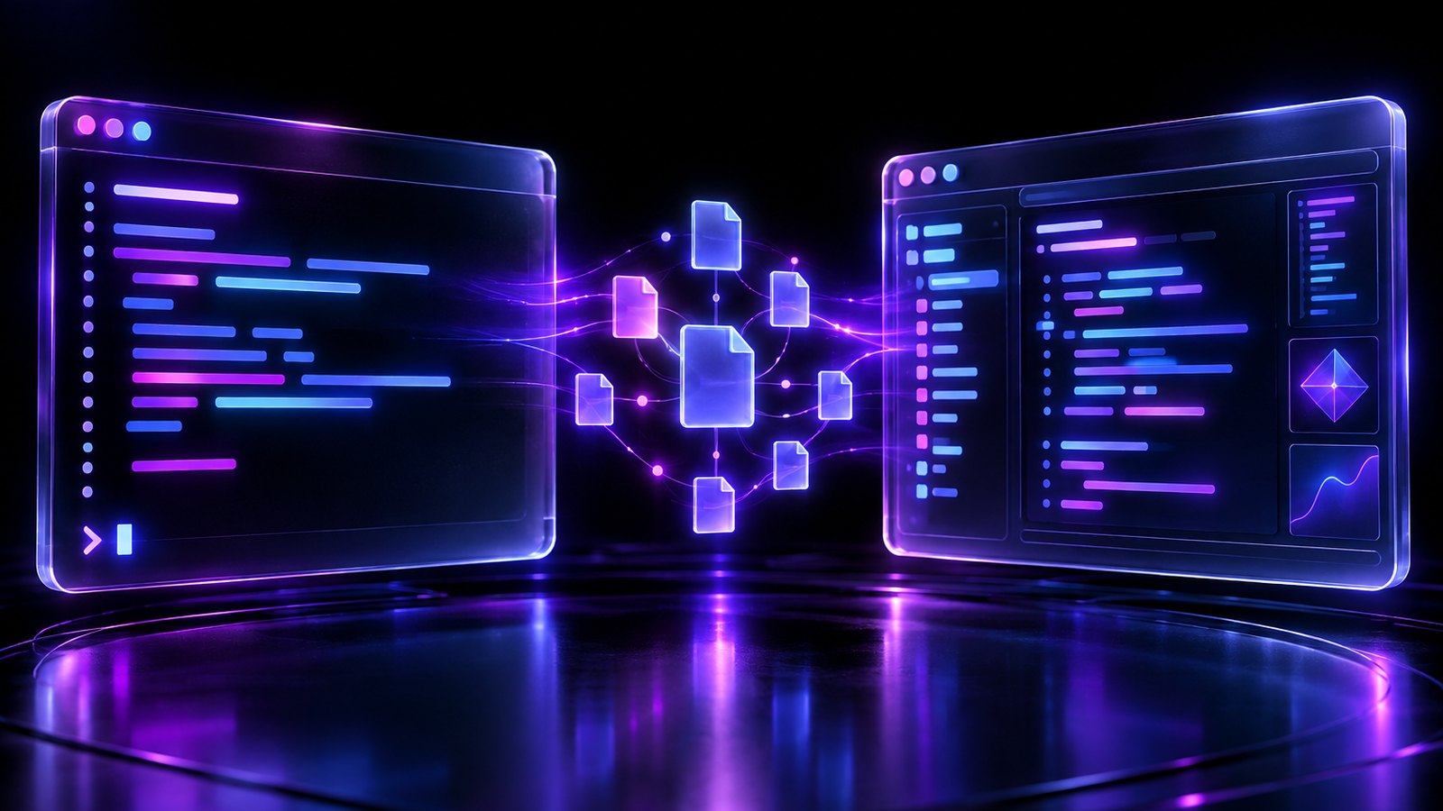 A terminal window and an editor window side by side, joined by a bridge of violet light with a glowing map of files between them.