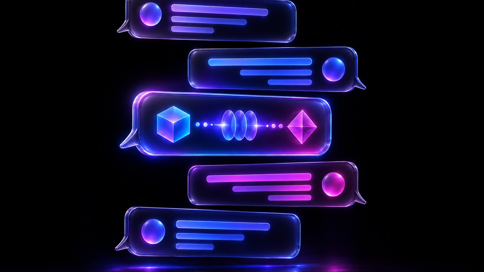 A chat thread rendered as a vertical stack of alternating translucent bubbles with abstract glowing bars inside, one bubble lit up as a tool call.