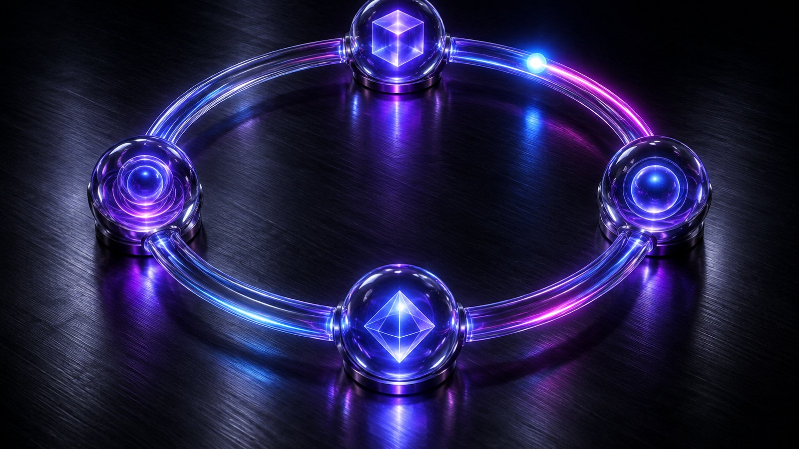 Four glowing glass nodes on a circle, labeled in concept as plan, act, observe, repeat, with a pulse of light travelling around the loop.