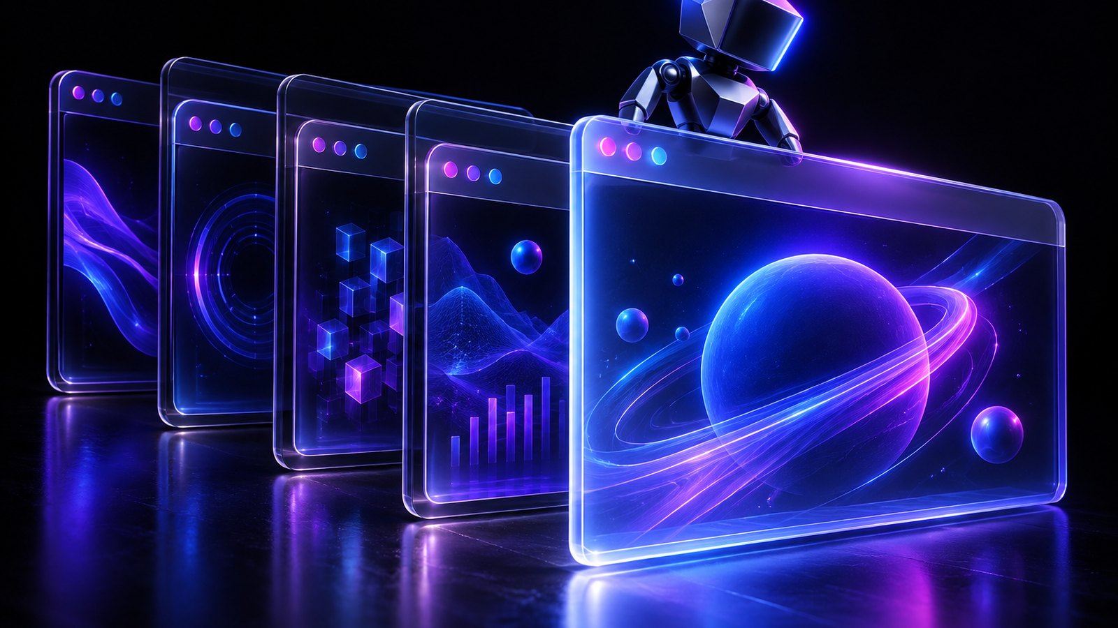 A stack of glass browser tabs fanned out on a dark background, one tab lit brighter than the rest, with a small glowing glyph perched on top.