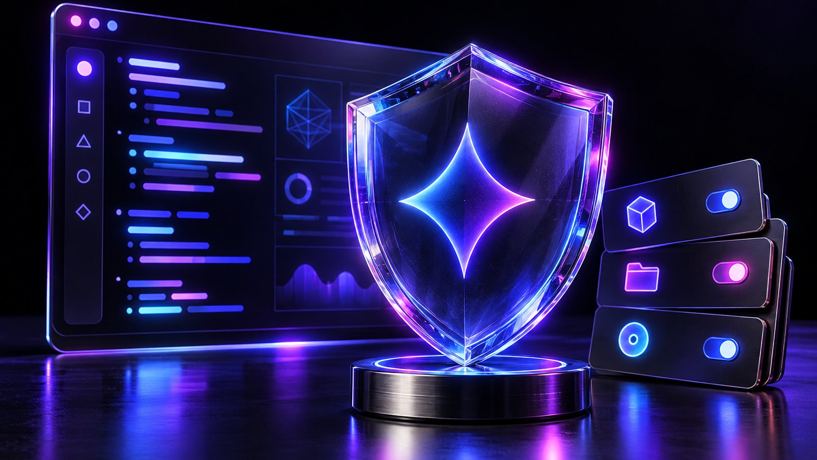 A glowing glass shield glyph stands in front of a terminal window with a small stack of permission cards beside it.