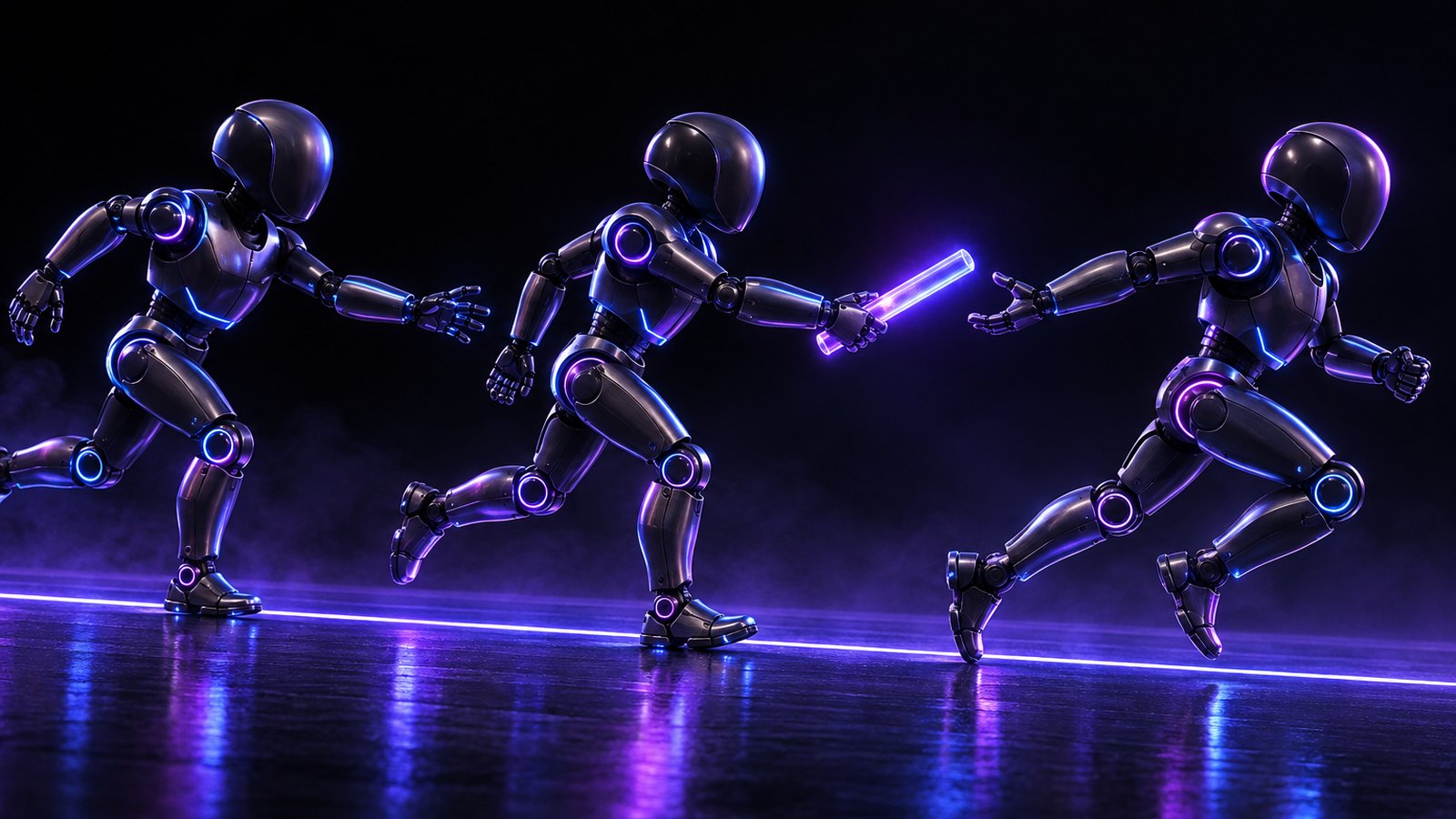 Three small robot figures on a dark floor passing a glowing glass baton along a line, lit in violet.
