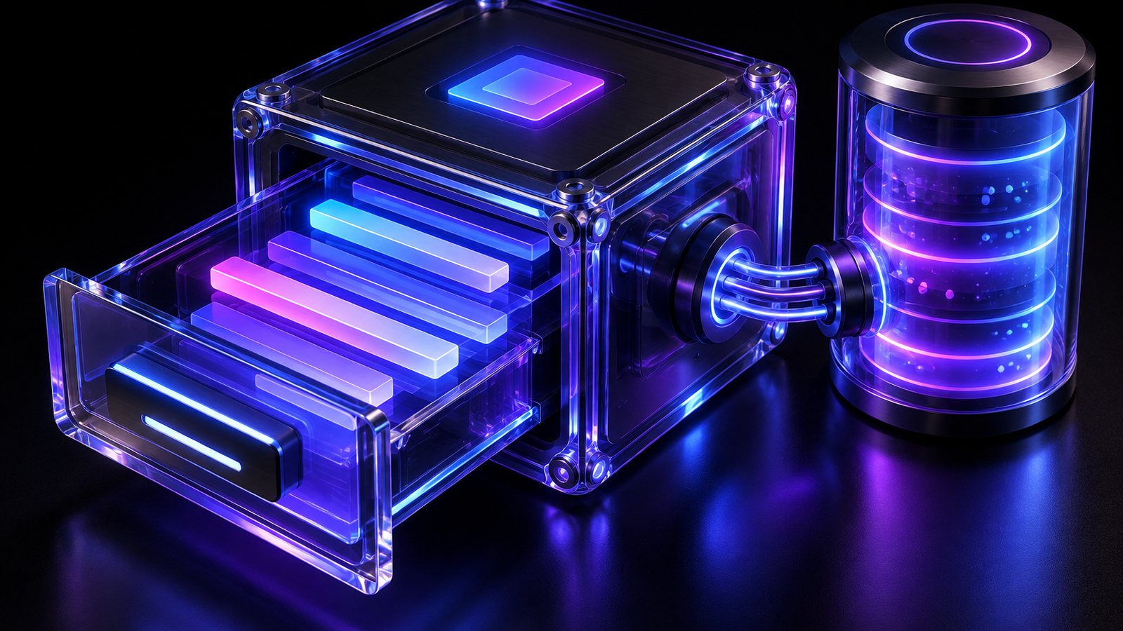 A single glass workflow node is opened like a drawer, revealing glowing prompt bars and a knowledge-base cylinder plugged into its side.