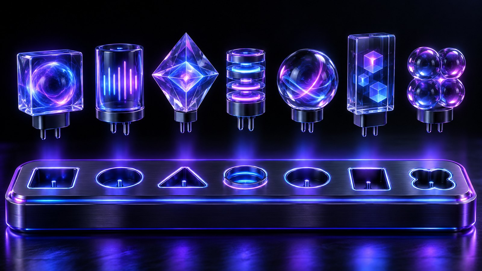 A row of glass plug modules of different shapes floating above a socket strip of light.