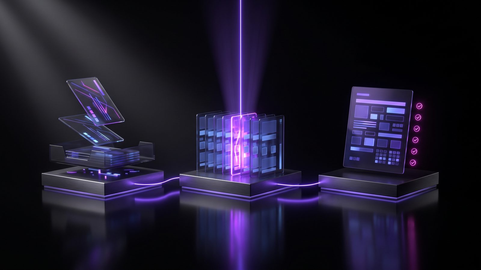 Three stages left to right: a glass card dropping into a tray, one card picked out of a row by a violet beam, and a finished panel with a column of lit check marks.