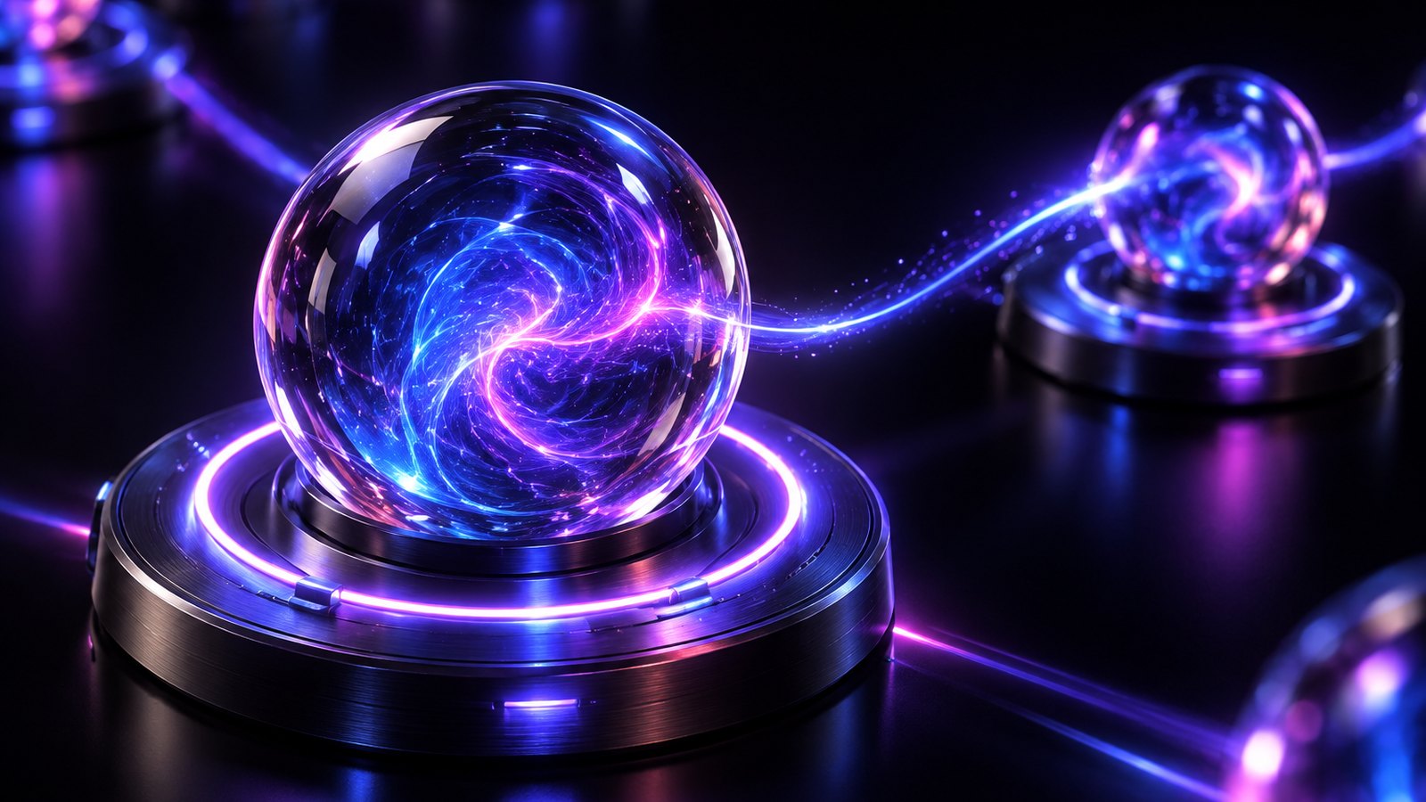 A close-up of one glass node with a glowing checkpoint ring around it and a thread of light leaving toward the next node.