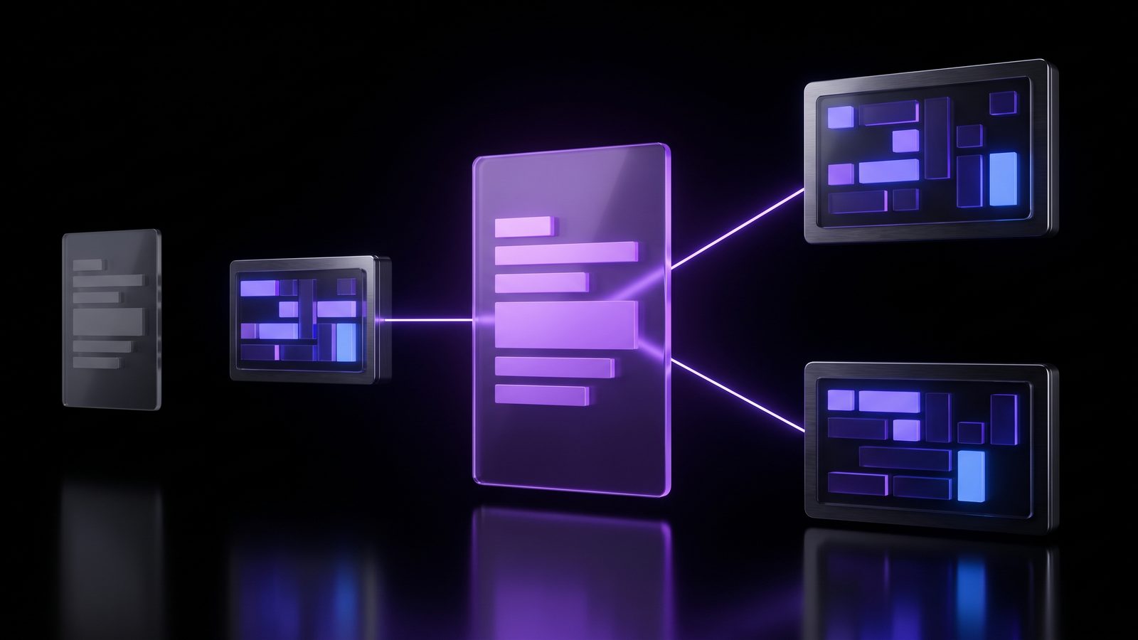 One bright claim card in the middle joined by three violet beams to three separate source panels, while a dim card off to the side has no beams at all.