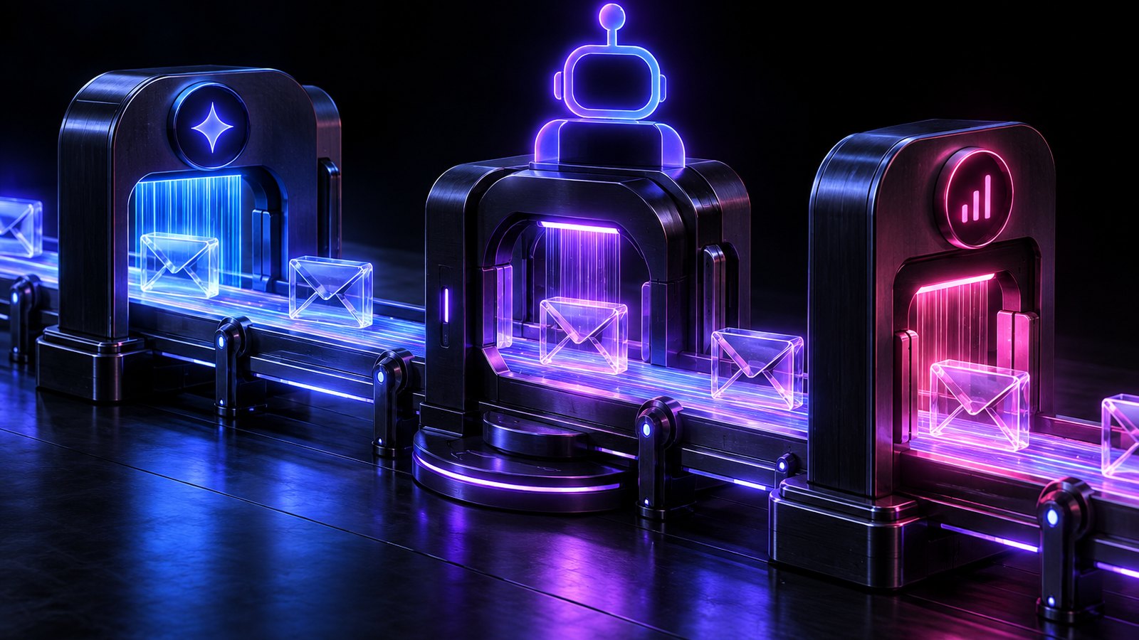 A conveyor of glowing light carrying small glass envelopes through three stations on a dark floor, with one station shown as an abstract glowing glyph.