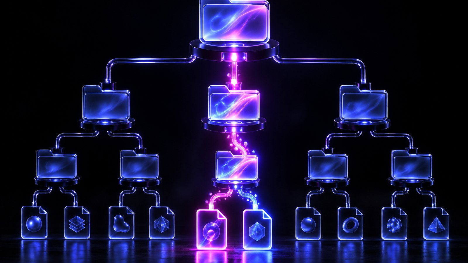 A file system tree made of glowing glass nodes, with one branch lit as it is written.