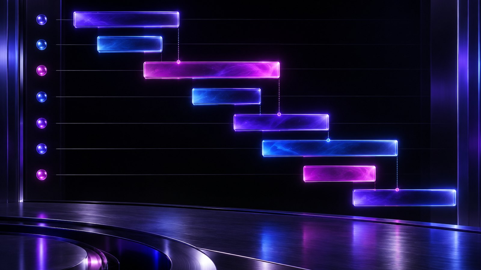 A horizontal timeline of glowing glass segments of different lengths, stacked in rows like a waterfall trace.