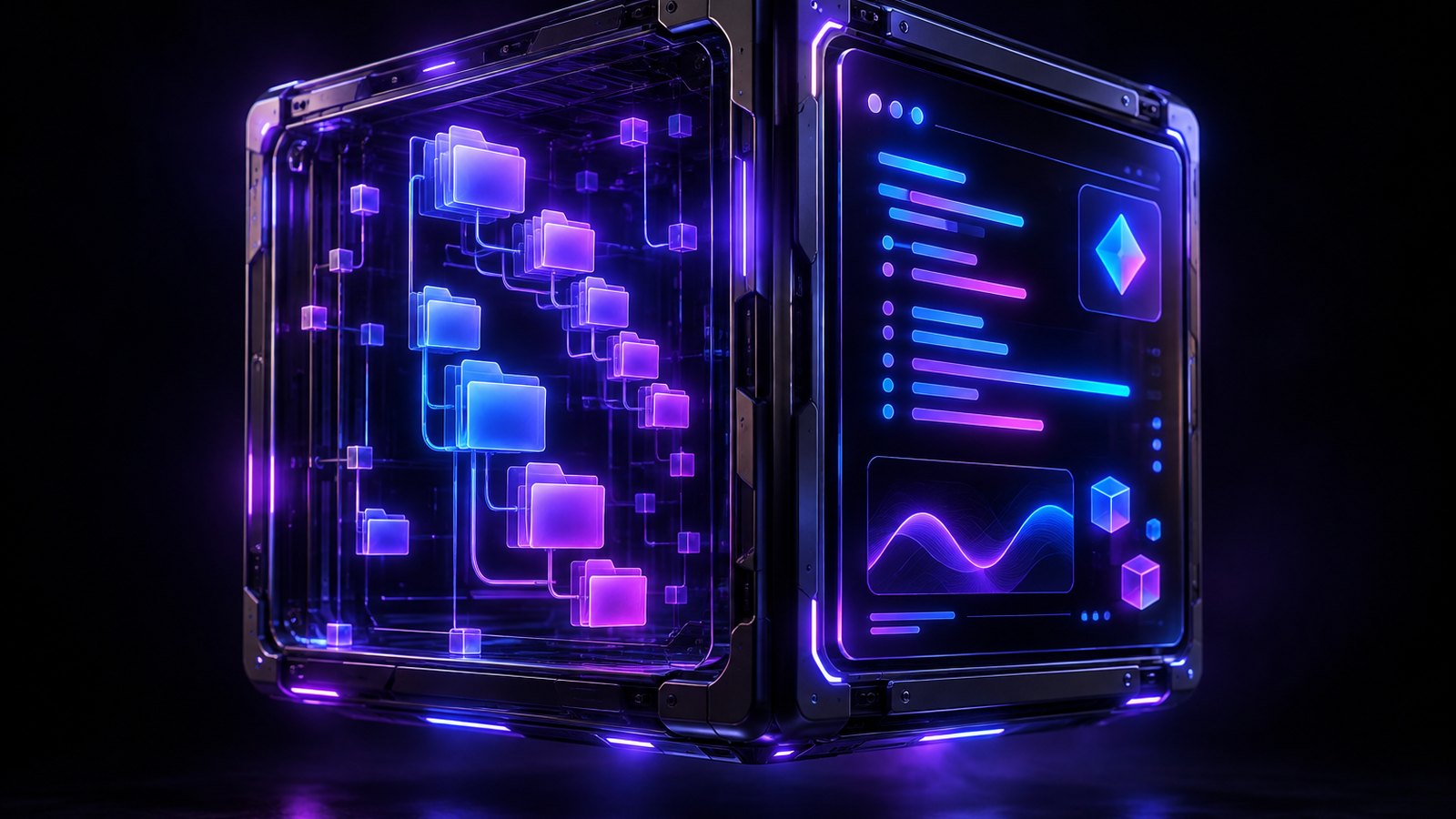 A floating dark glass container cube with a glowing terminal panel on one face and a folder tree of light inside.