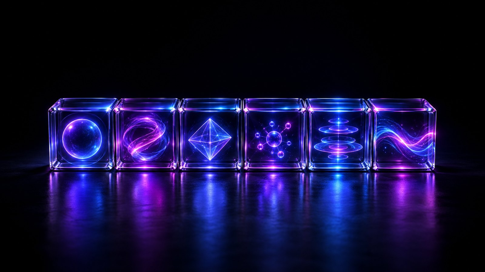 A single tight line of six small glowing glass blocks joined together on a dark reflective surface.