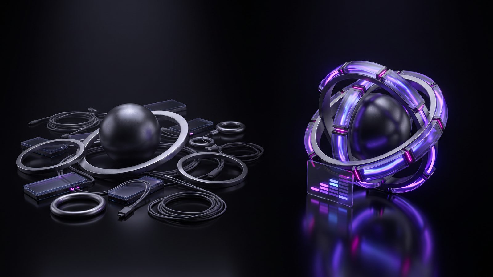 On the left, loose unconnected parts lie in dim grey light; on the right, the same parts are assembled into one glowing unit with its light lines running.