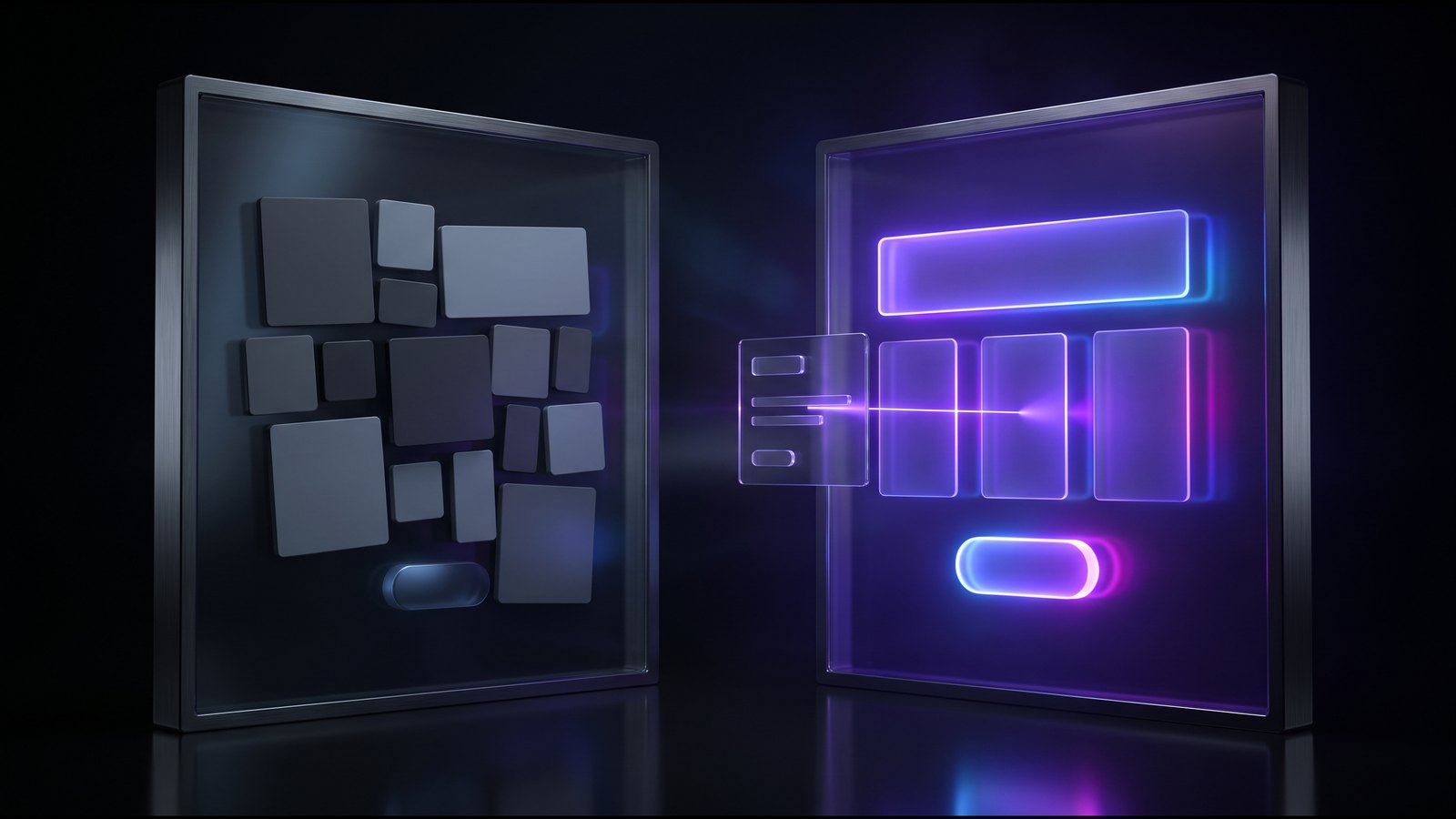 Two web page panels side by side: a dim, jumbled layout on the left and a bright, ordered one on the right with a headline, proof cards and a clear button.