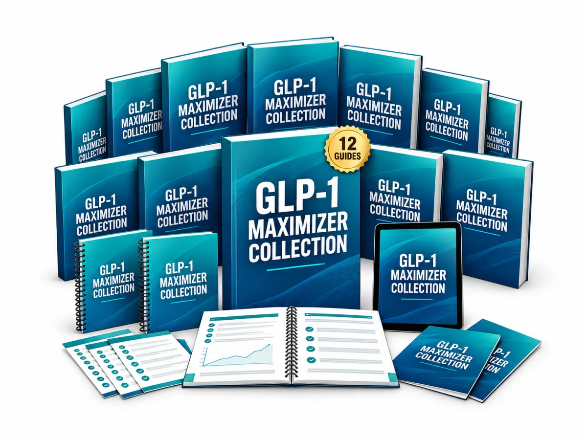The GLP-1 Maximizer Collection, shown as a set of 12 digital guides with books, checklists and a tablet
