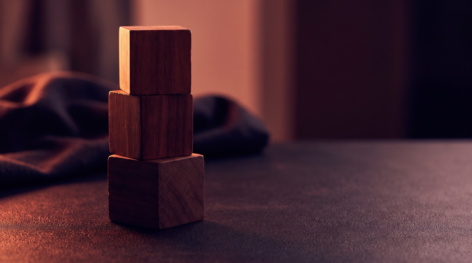 Three wooden cubes stacked into a single column on a dark surface in warm side light.
