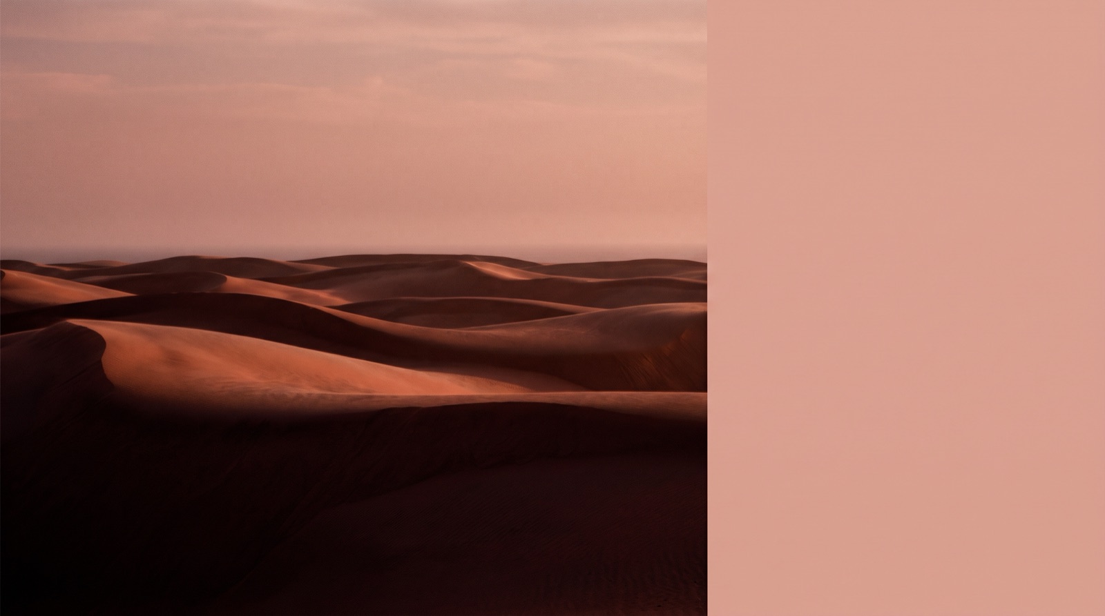 Rolling sand dunes under a warm sky on the left, giving way to a flat expanse of solid color on the right.