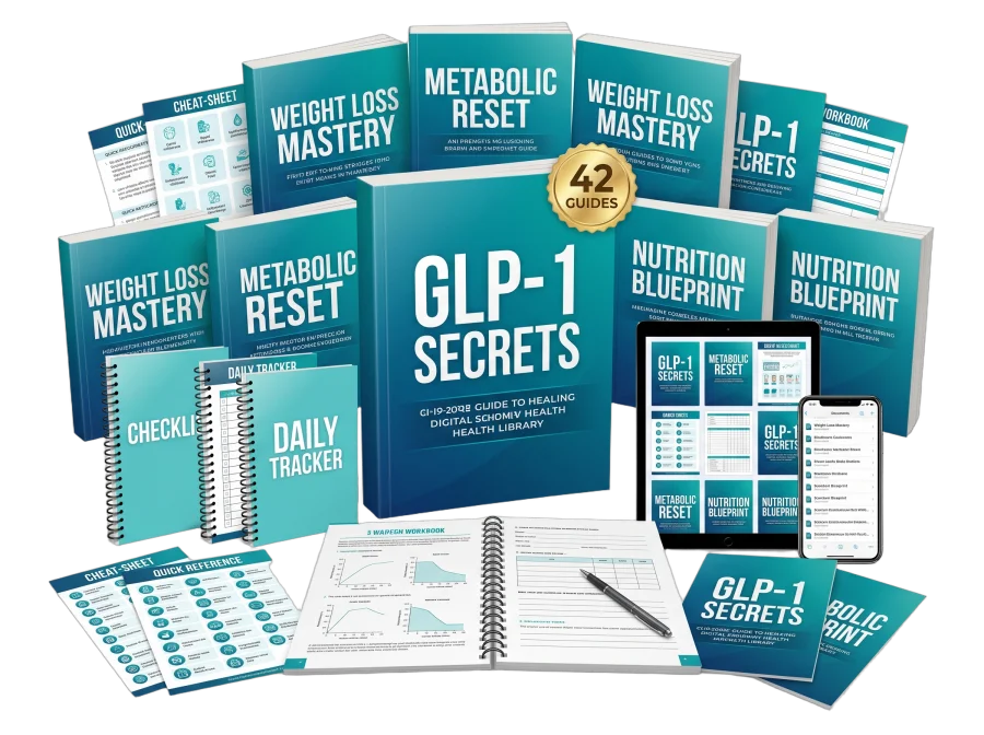 The complete GLP-1 Secrets collection of 42 guides shown as a bundle across book, tablet and phone