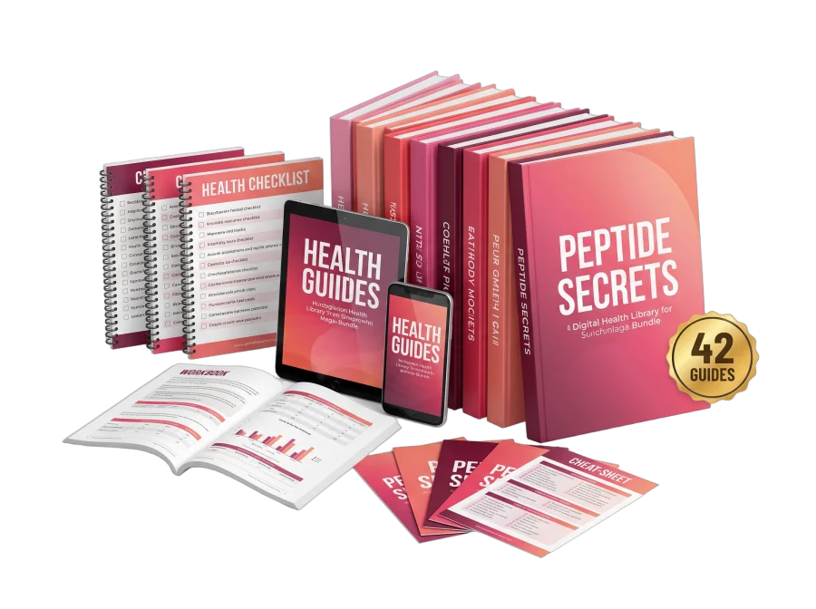 The complete Peptide Secrets collection of 42 guides shown as a bundle across book, tablet and phone