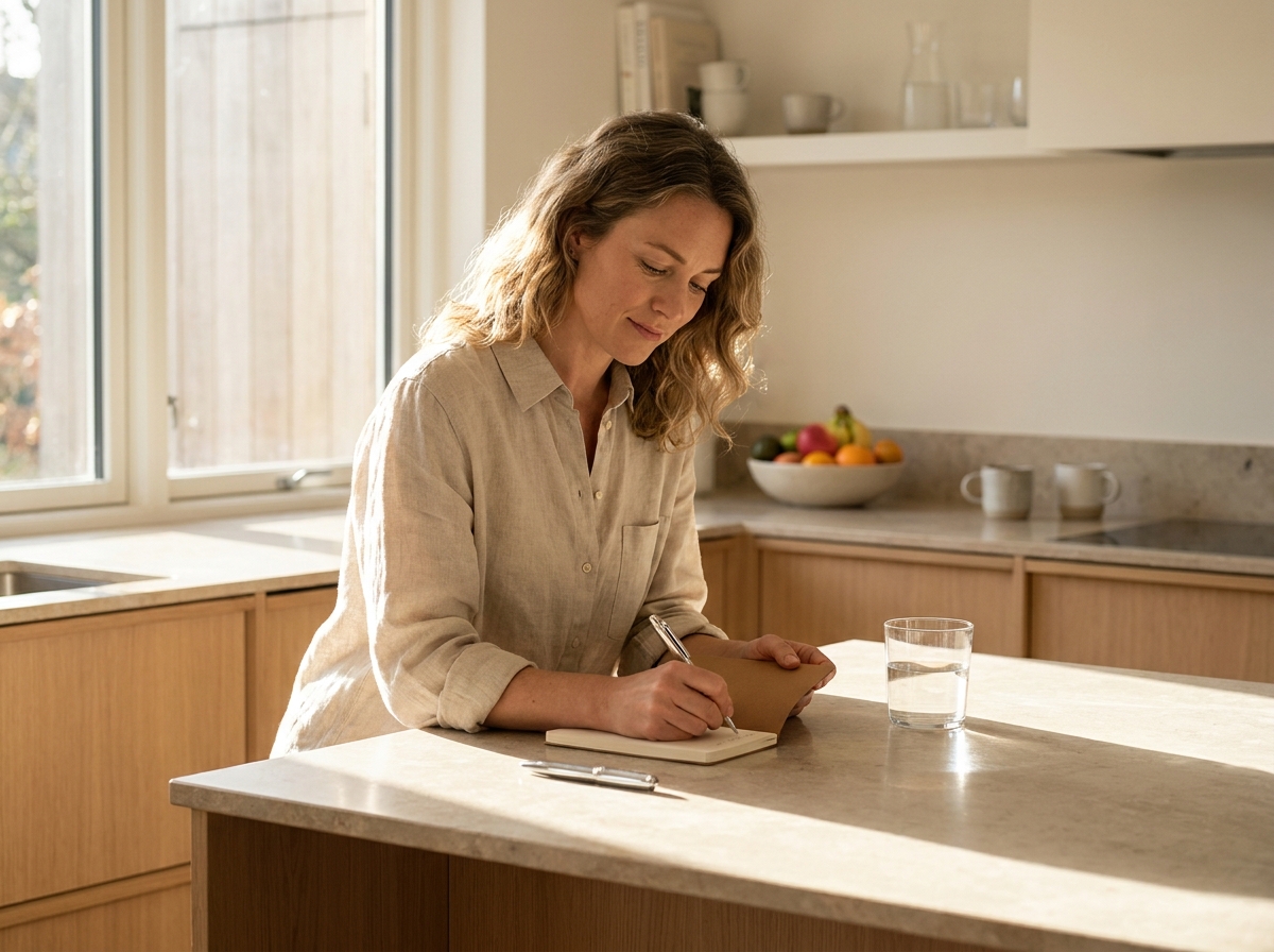 A woman at a sunlit kitchen counter writing in a tracking notebook, an injection pen resting beside her