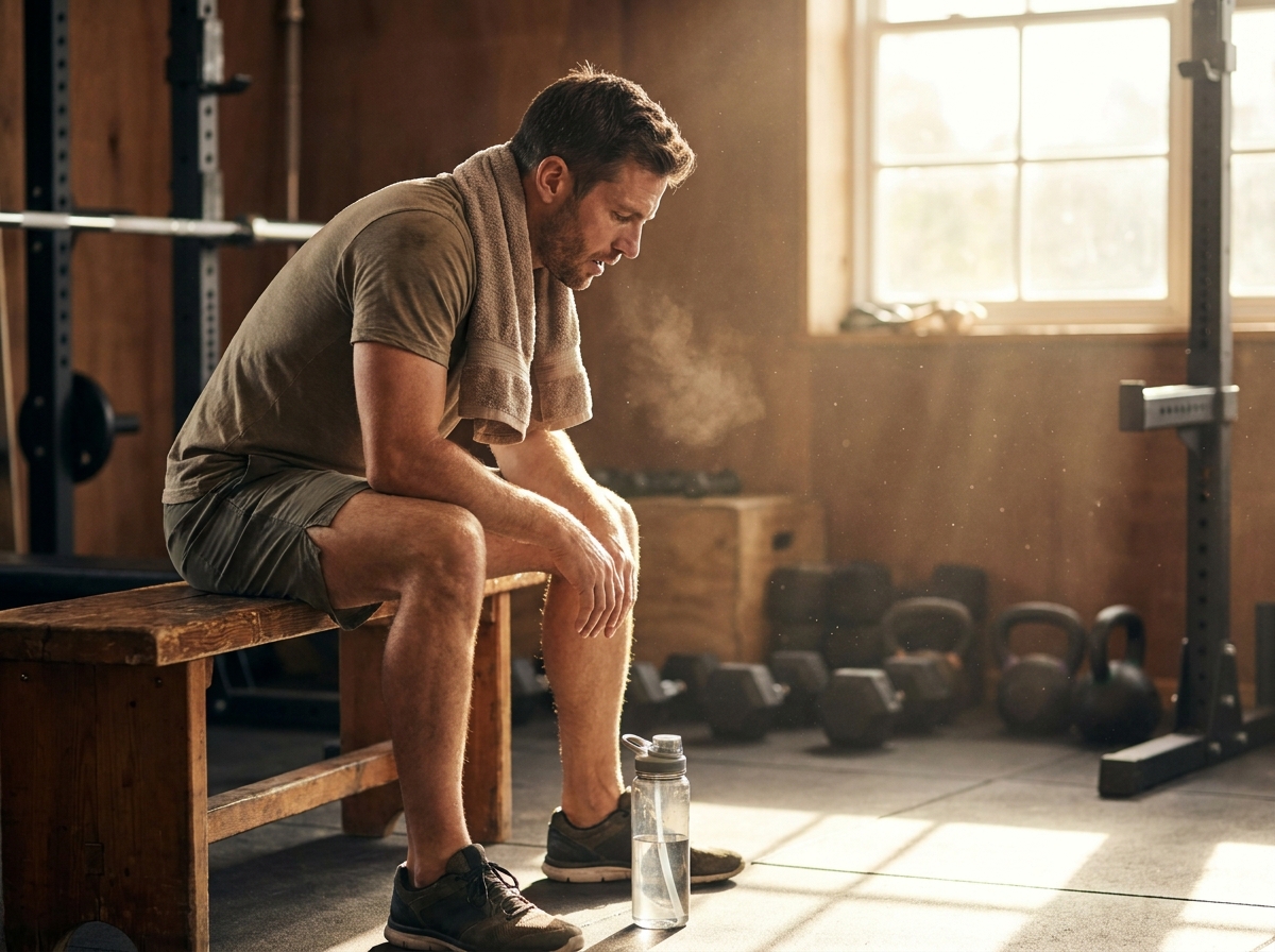 An athlete resting on a gym bench in warm sunlight, towel around his neck