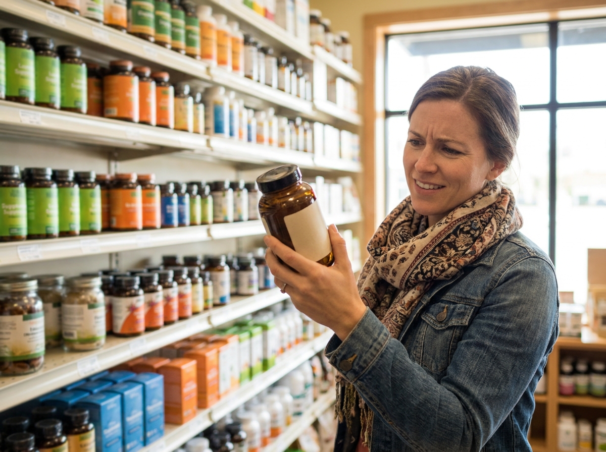 A woman in a health-store aisle reading a supplement label with a skeptical look