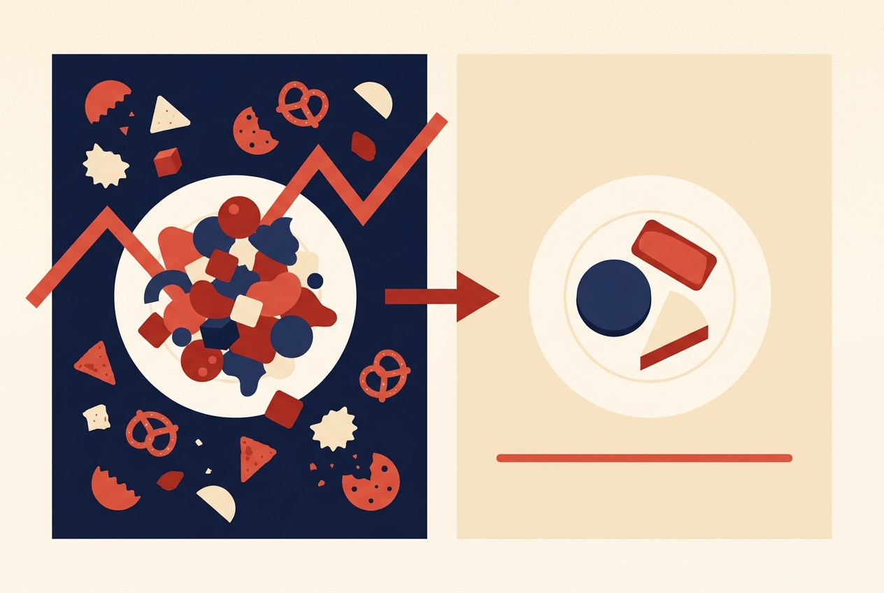 Illustration of a chaotic overflowing plate becoming a calm balanced plate with a steady line