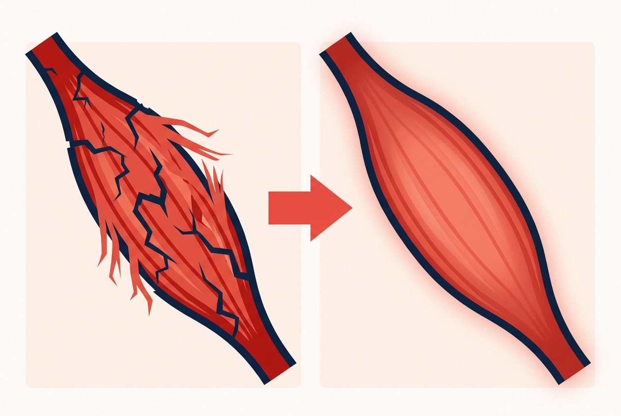 Illustration of a frayed muscle fiber becoming smooth and whole