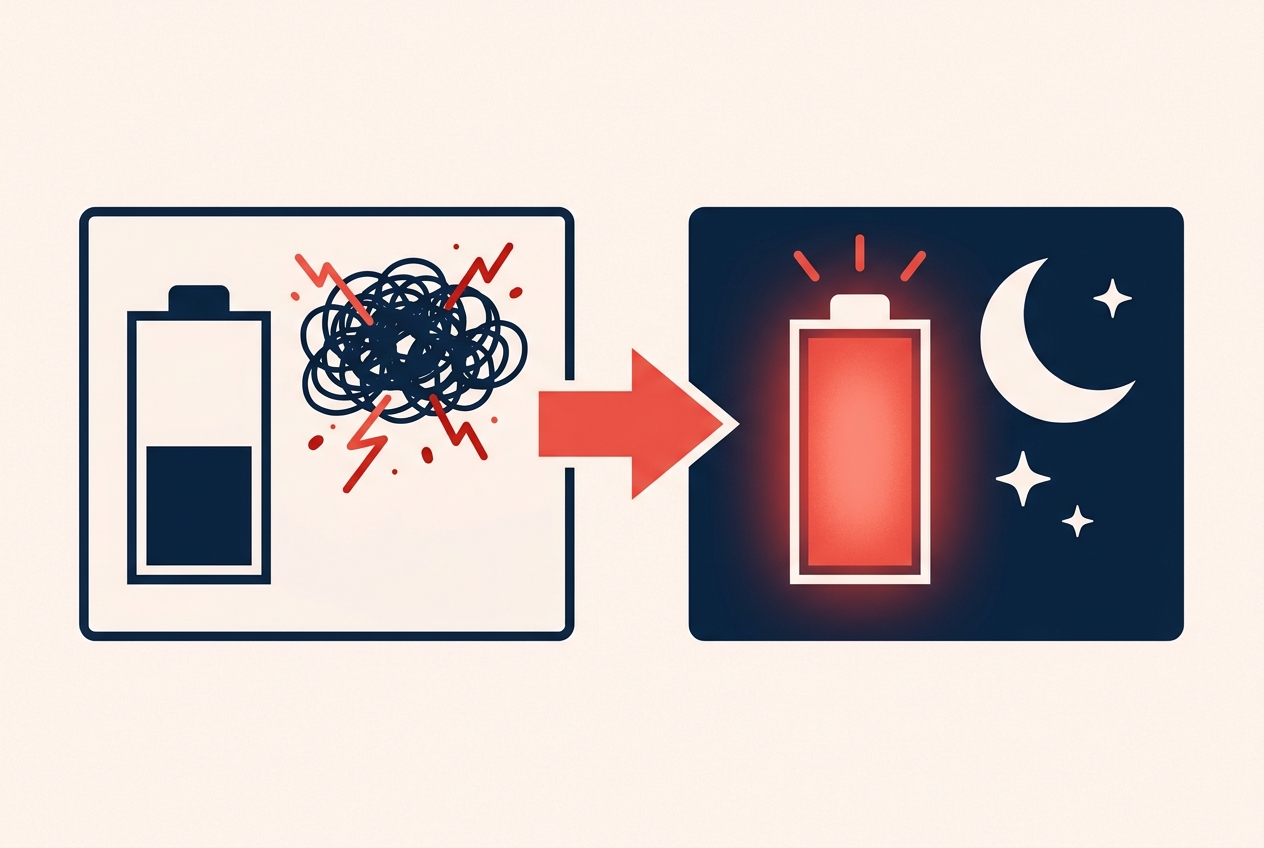 Illustration of a drained battery and restless scribbles becoming a full battery beside a calm moon